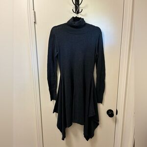 Peruvian Connection Handkerchief Hem Dress Turtleneck Long Sleeve Navy